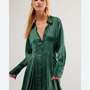 FREE PEOPLE Emerald Green Satin Button-Front Shirt Dress